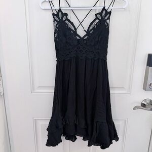 Free People Adella Mini Dress XS | Black Lace Tiered Boho